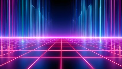 Retrofuturistic Cyberpunk Grid Landscape - Neon Blue and Pink