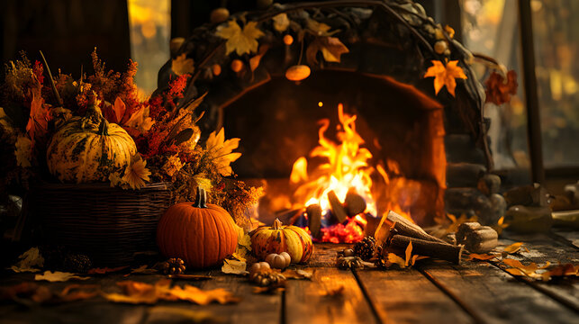 A cozy fireplace with flames surrounded by autumn leaves and pumpkins.