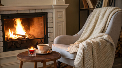 Cozy photorealistic interior with a lit fireplace, soft armchair with plaid, wooden side table with tea and candle, warm tones, slightly dimmed background, all objects in sharp focus, detailed texture