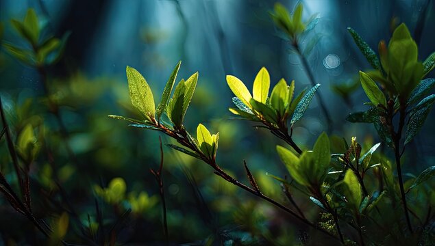 Fresh, vibrant greenery in a misty forest. Sunlight highlights new leaves