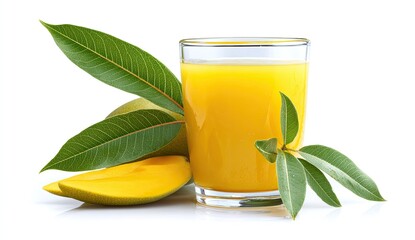 Fresh mango juice in a glass, alongside mango slices and leaves
