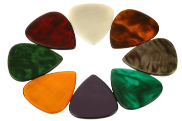 Colorful guitar picks arranged semicircle isolated on a transparent background