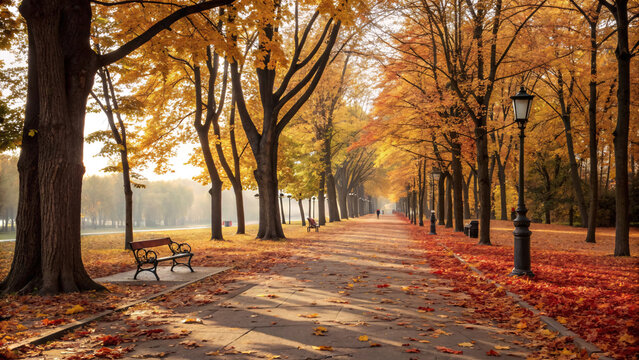 Autumn park with straight alley, golden and red leaves on ground, tall trees with colorful foliage on sides, soft sunlight filtering through branches, distant bench and street lamps, photorealistic