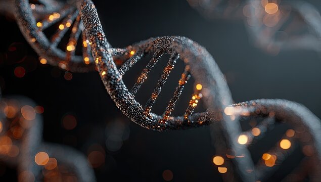 Detailed 3D model of DNA helix.  Dark grey/silver DNA structure with glowing golden highlights.  Blurred background of glowing particles