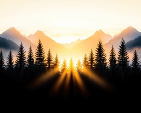 Silhouetted pines foreground a sunlit mountain range at dawn. Golden rays burst through trees and misty valleys. Layers create depth and a sense of tranquility