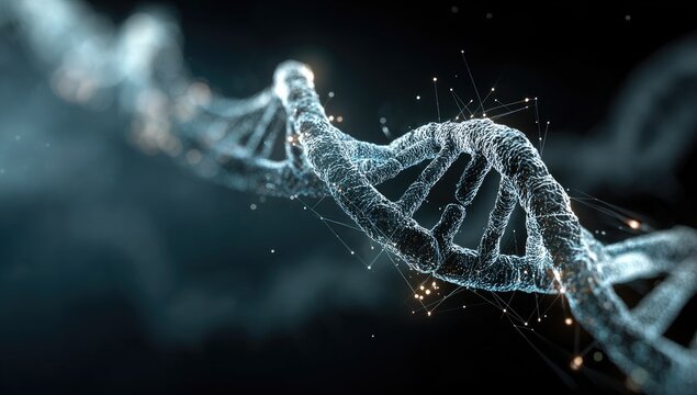 DNA helix, 3D model, glowing particles, scientific illustration