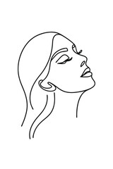 Minimalist continuous line drawing a woman's profile with closed eyes flowing hair