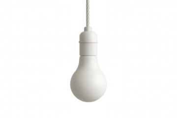 Minimalist white light bulb suspended from twisted cable, highlighting modern illumination design against transparent backdrop