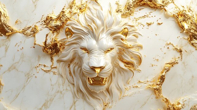 Artistic rendering of a majestic white lion head embellished with golden marble photo