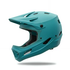 Fototapeta premium Turquoise mountain biking helmet side profile with removable chin guard showing ventilation mesh and protective full-face coverage design