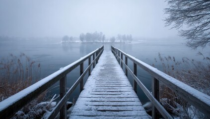 Naklejka premium Snowy wooden pier extending into a misty winter lake