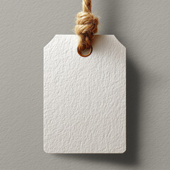 Minimalist blank paper tag with rounded corners and natural jute string, realistic textured surface, soft lighting and high-quality photography for branding mockups