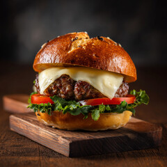 Gourmet beef burger with melted cheese, fresh lettuce, tomato and artisan bun presented on rustic wooden board under soft warm lighting, high-quality food photography