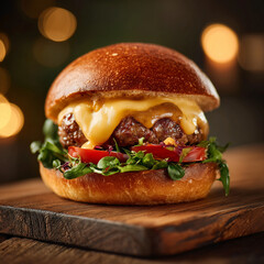 Gourmet beef burger with melted cheese, fresh lettuce, tomato and artisan bun presented on rustic wooden board under soft warm lighting, high-quality food photography