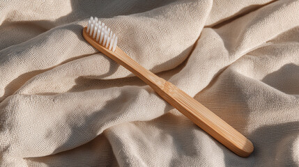 Sustainable bamboo toothbrush with soft white bristles on folded beige linen fabric under soft daylight, eco-friendly minimalist lifestyle photography concept