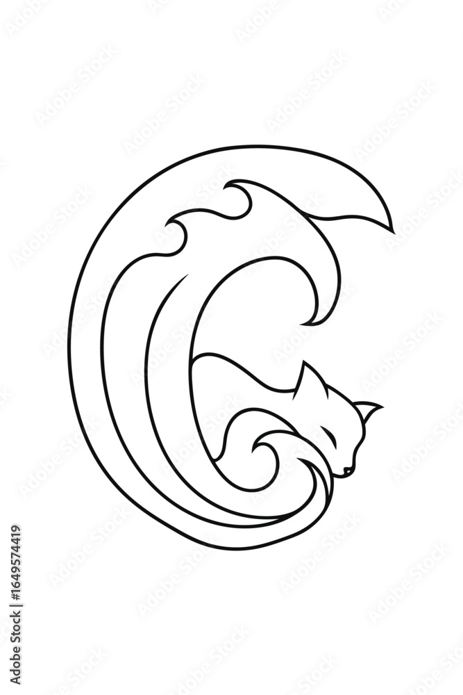 Poster minimalist ine drawing line art a sleeping cat curled within a wave vector