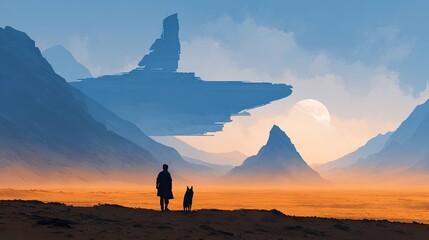 Obraz premium Solitary figure and dog in desert landscape with spaceship