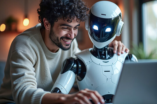 Man and AI humanoid robot work together and collaborating while looking at a laptop, symbolizing AI partnership help job