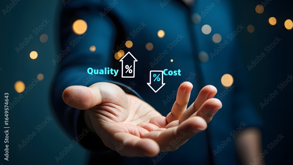 Poster quality control, businessman showing cost with down arrow and quality with up arrow for business pro