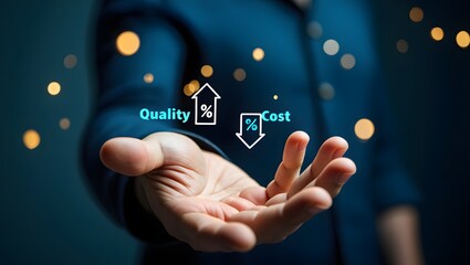 Quality control, Businessman showing cost with down arrow and quality with up arrow for business project management strategy have to control budget cost and improvement quality of product and service.