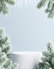 Cylindrical Podium with Snowy Fir Branches on Light Blue Christmas Display Background