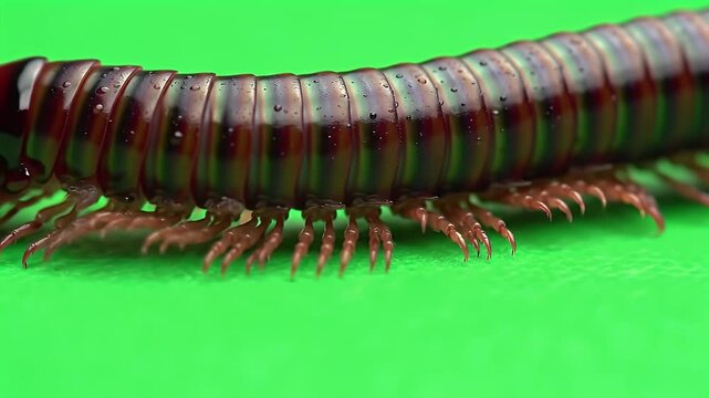 Millipede Macro: Detailed Close-up of Segmented Body and Many Legs on Green Background