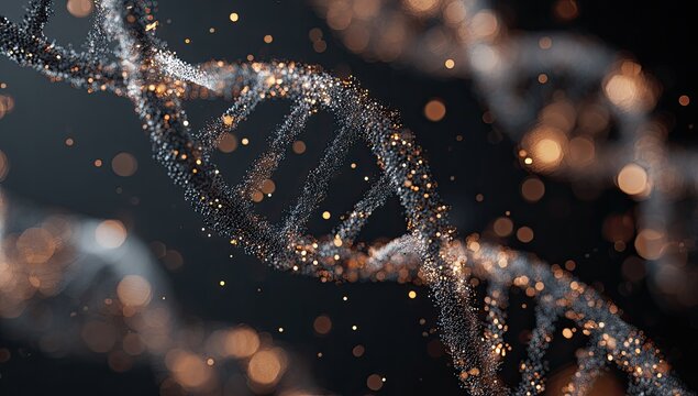 DNA helix, granular, glowing, particles