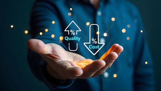 Quality control, Businessman showing cost with down arrow and quality with up arrow for business project management strategy have to control budget cost and improvement quality of product and service.