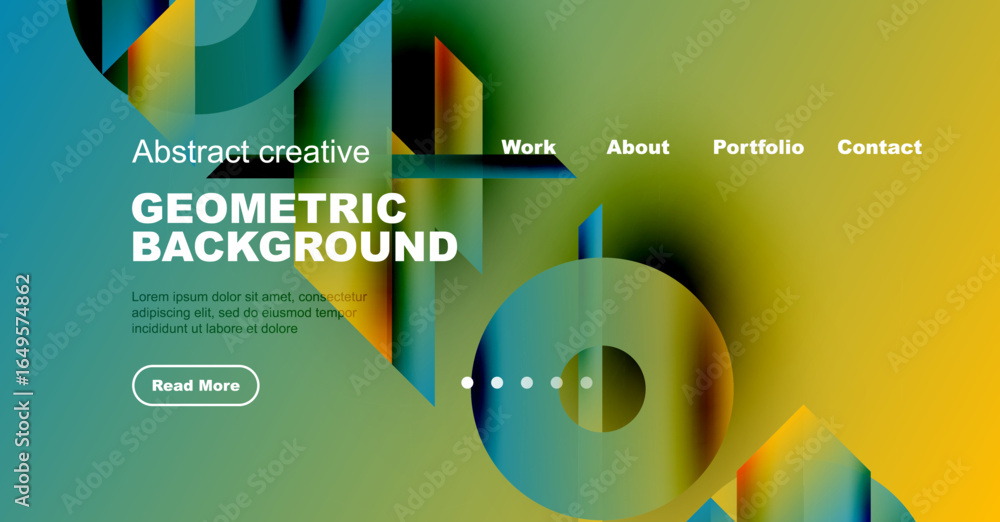 Poster abstract geometric background features vibrant colors, gradients, text elements, navigation menu. mo