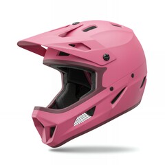 Fototapeta premium Pink full-face mountain bike helmet with integrated chin guard and mesh ventilation for extreme downhill sports