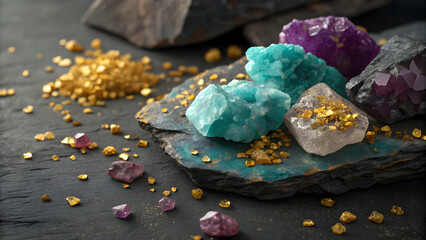 Close up of multicolored raw mineral crystals and gold nuggets on dark slate full hd 4k stock image download