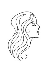 Minimalist line drawing a woman's profile with flowing hair face head