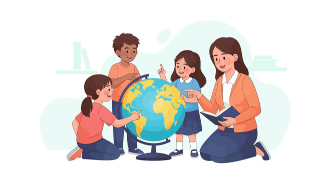 A teacher reading to three young students gathered around a globe, pointing out locations and learning geography.