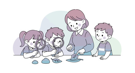 A teacher guides children in a science lesson, examining leaves and stones with a magnifying glass, fostering curiosity and learning.