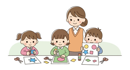 Cartoon illustration of a teacher supervising three young children engaged in arts and crafts activities at a table.