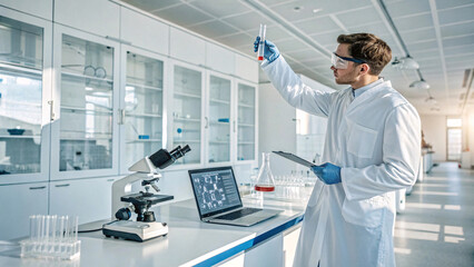 Photorealistic future medical lab with scientist analyzing liquid in a test tube, surrounded by high-tech equipment, bright sterile space, all elements in sharp focus
