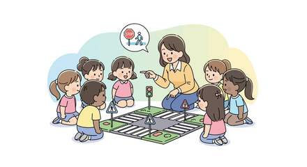 A teacher instructs a group of young children about road safety using a miniature intersection, traffic lights, and signs.
