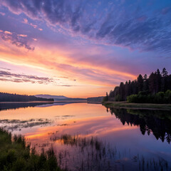 Fototapeta premium Serene lake at sunset with vibrant sky and forest reflection full hd 4k stock image download clouds water