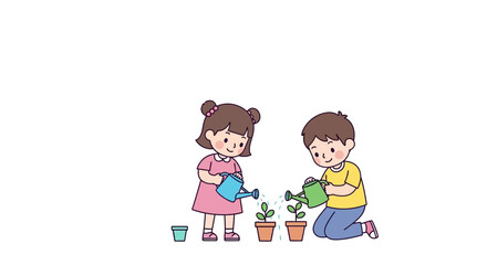 Fototapeta premium Two children watering plants in pots, a simple illustration of nurturing nature.