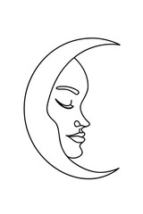 Minimalist single line drawing a crescent moon with a face profile
