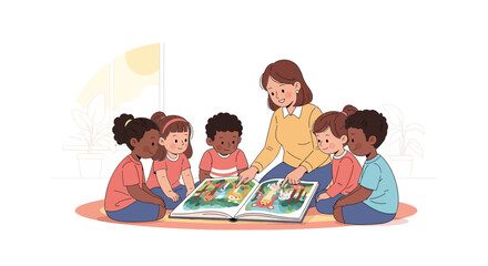 Children and teacher gather around a book, participating in a classroom activity.