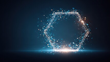 Hexagonal shape formed from glowing particles on a dark background.