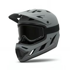 Fototapeta premium Gray full-face mountain bike helmet with mesh ventilation panels and tinted goggles for all-mountain riding and gravity sports protection equipment