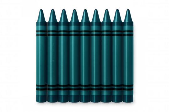 Teal crayons lined up precisely on clear surface, highlighting vibrant color potential for creative design and illustration work