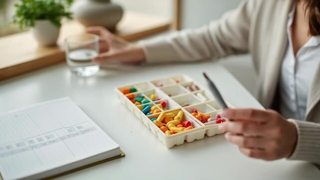 A health-conscious adult arranges color-coded microdose vitamin capsules in a weekly pill organizer with a glass of water and minimalist wellness journal on desk
