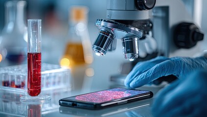 Close-up lab scene, microscope, phone, and samples