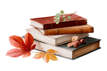 Books with autumn leaves, transparent bg