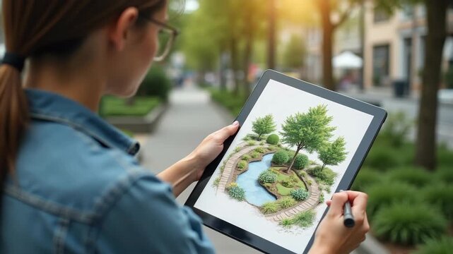A female landscape designer marks planting zones on a tablet showing rain garden contours, overflow drains, and permeable paving near a city sidewalk
