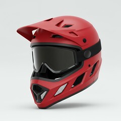 Fototapeta premium Bold red motocross helmet with integrated goggle system and aggressive chin guard design, side angle view for extreme sports equipment marketing