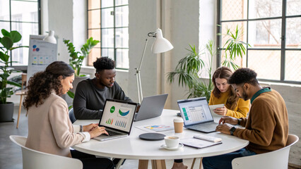 Modern minimalistic office with a multicultural team working together, laptops, charts, coffee, plants and bright natural lighting in photorealistic detail
